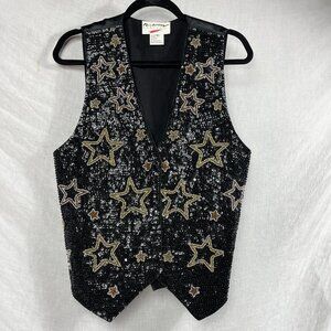 All Over Sequin Bead Vest Women M Stars Vintage 90s Metallic Retro Sparkle 80s